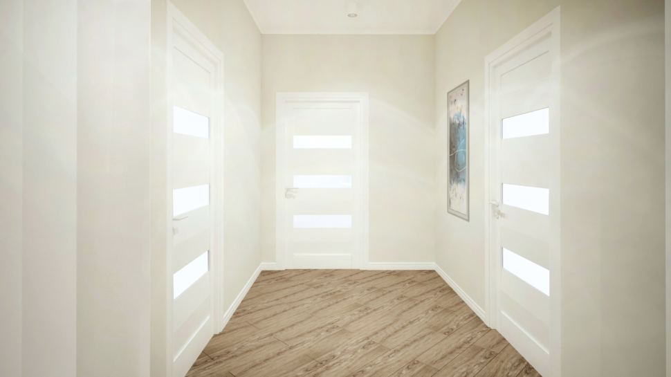 Визуализация коридора 7 кв.м в коттедже с белыми оттенками, ламинат, декор, межкомнатные двери, светильники