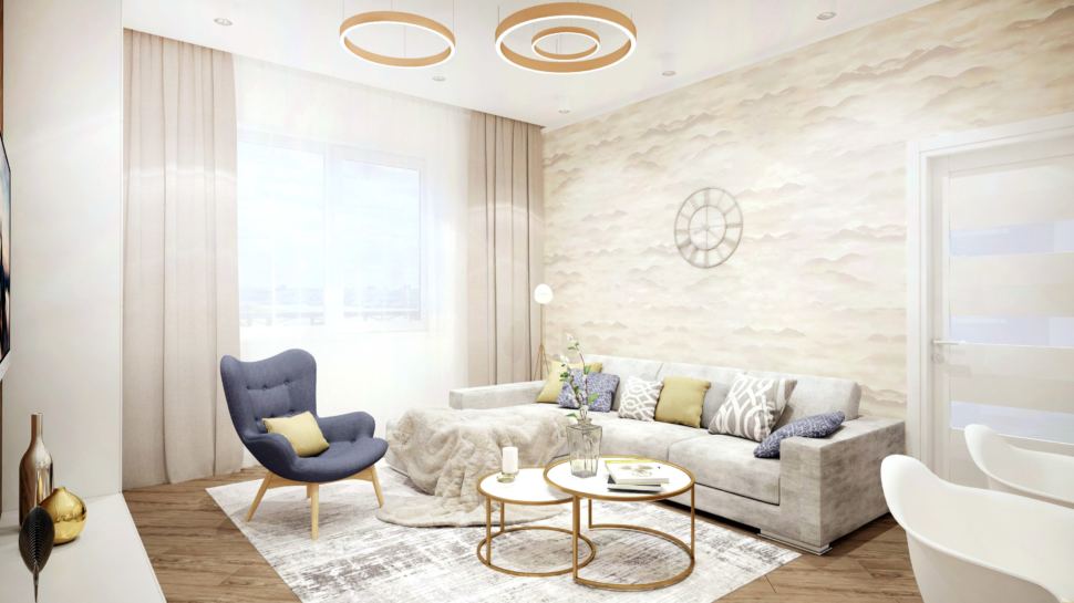Дизайн интерьера гостиной-кухни 40 кв.м в коттедже в золотых тонах в сочетании со сложно-синим оттенком, серый угловой диван