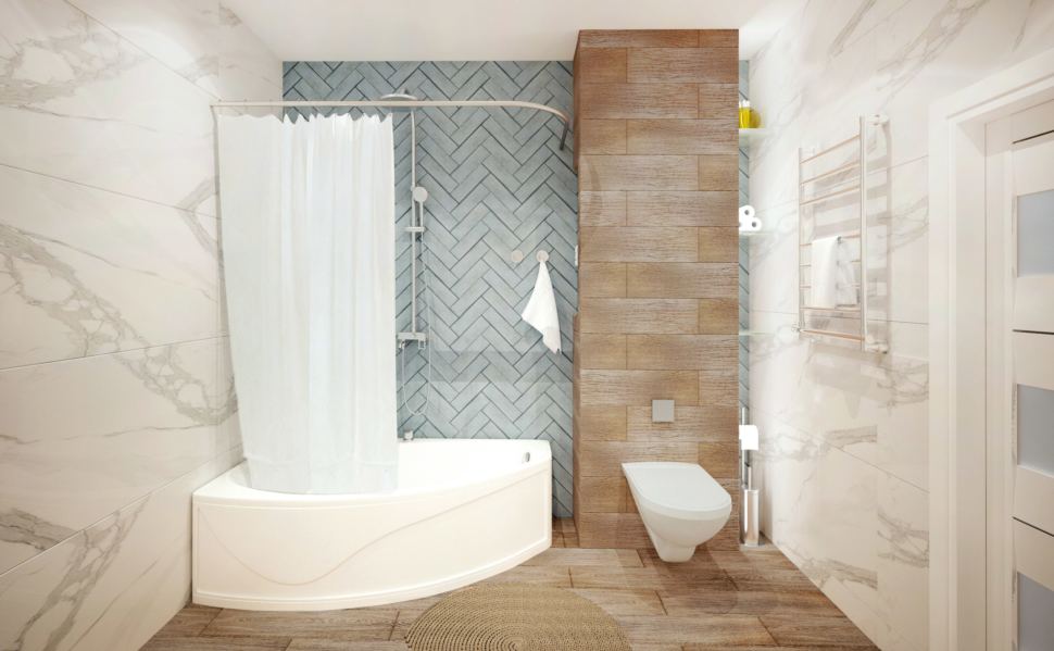 Дизайн-проект ванной 10 кв.м. в светлых тонах в коттедже с древесными оттенками, стиральная машинка, зеркало, белая тумба, раковина 