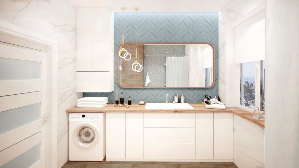 Визуализация ванной 10 кв.м. в светлых тонах в коттедже с серыми оттенками, стиральная машинка, зеркало, белая тумба, ванна