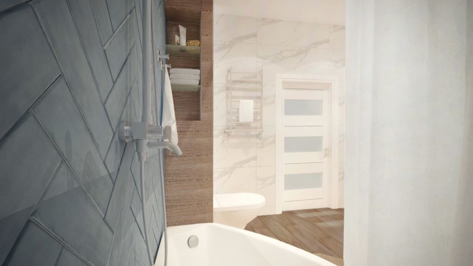 Дизайн-проект ванной 10 кв.м. в светлых тонах в коттедже со сложно - синими оттенками, стиральная машинка, зеркало, белая тумба, раковина