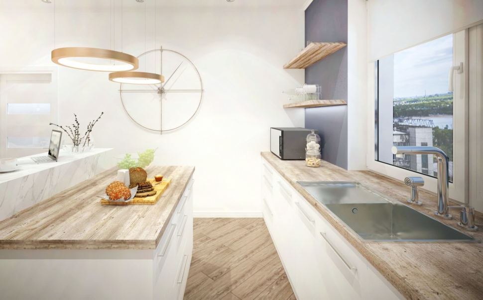 Дизайн-проект гостиной-кухни 40 кв.м в коттедже в древесных тонах в сочетании со сложно-синим оттенком, телевизор, люстра