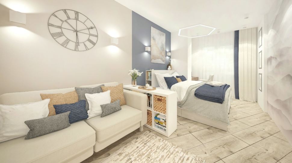 Визуализация гостиной-спальни в белых тонах с синими оттенками 15 кв.м, бежевый диван, белая кровать, тумба, часы