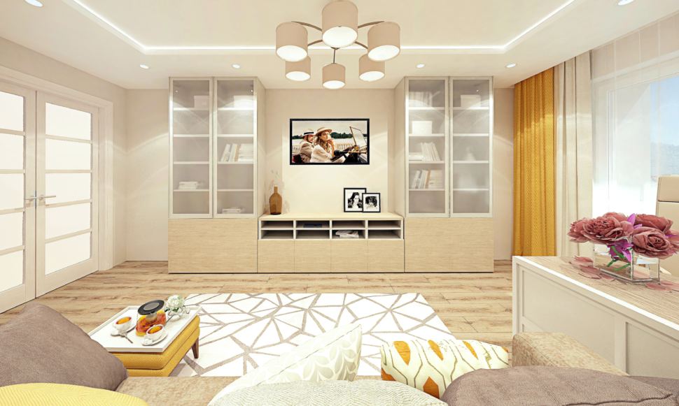 Дизайн интерьера гостиной 18 кв.м с рабочей зоной, современный стиль с древесными оттенками, люстра, кресло и пуф горчичного цвета, диван 
