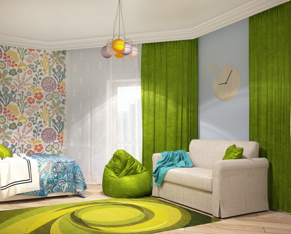 Дизайн интерьера комнаты для девочки 21 кв.м, белый диван, часы, люстра, зеленое кресло-мешок, ковер, бежевый паркет