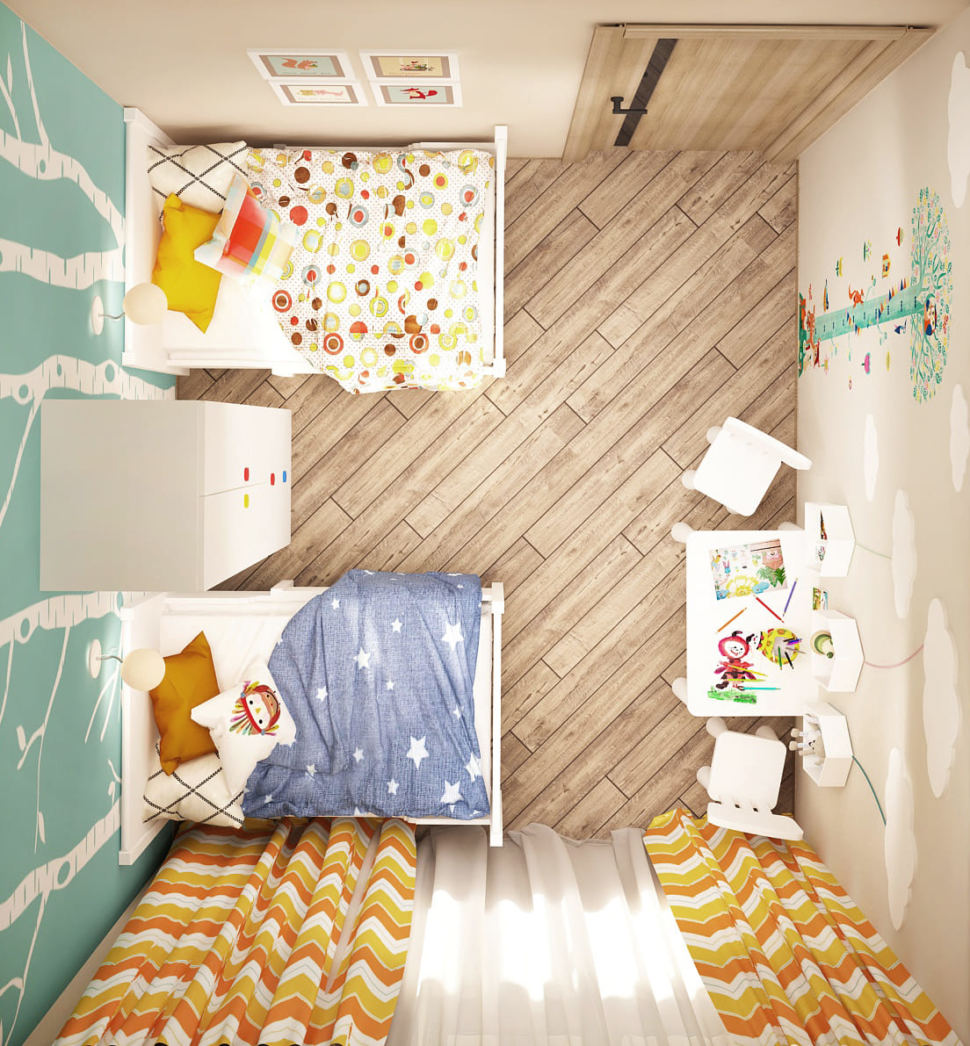 Визуализация детской комнаты в теплых тонах 8 кв.м, кровать, белый шкаф, цветные портьеры, белый детский стол, детские стулья