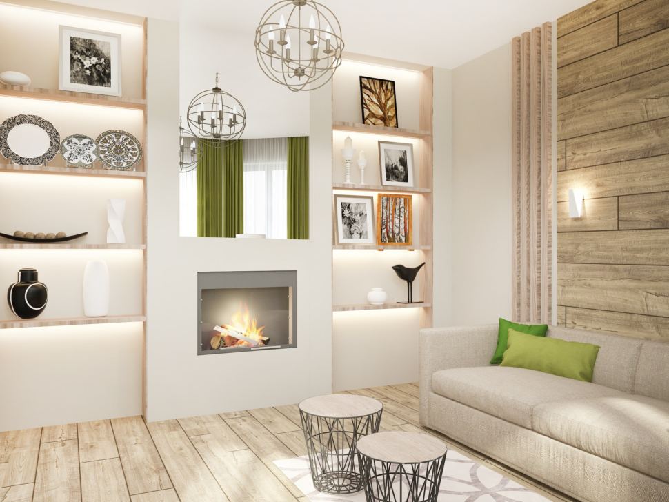 Визуализация гостевой 15 кв.м в современном стиле с бежевыми оттенками, журнальный столик, телевизор, бежевый диван, подвесное кресло
