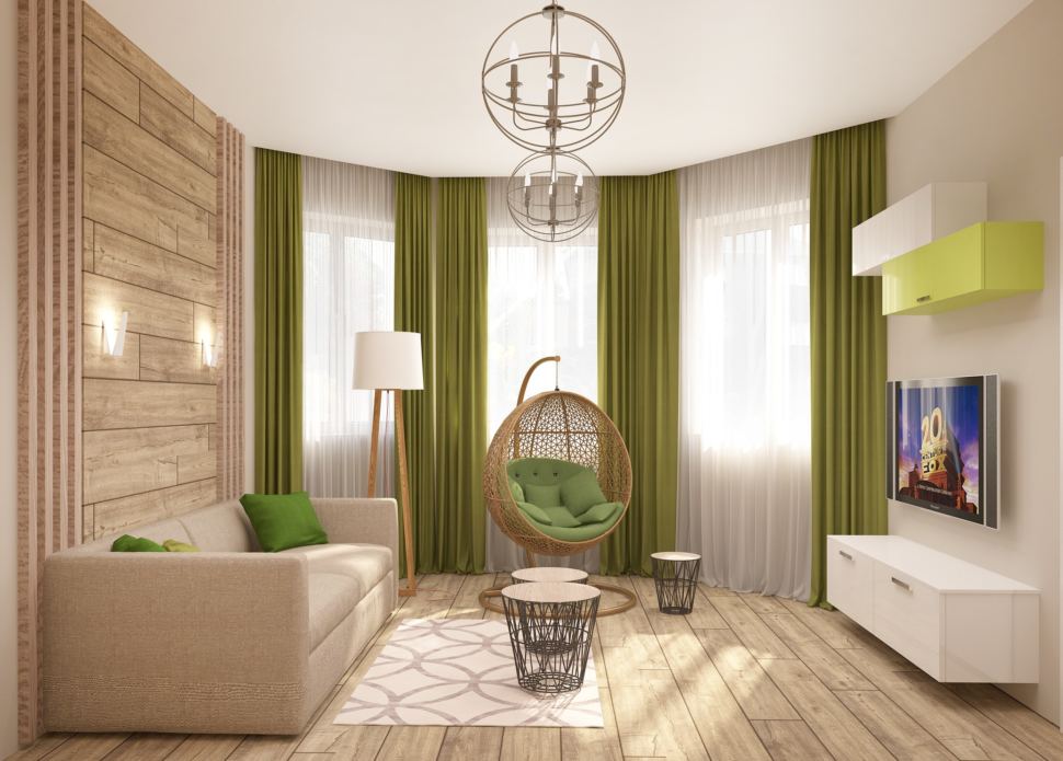 Дизайн-проект гостевой 15 кв.м в современном стиле с белыми оттенками, журнальный столик, телевизор, бежевый диван, подвесное кресло