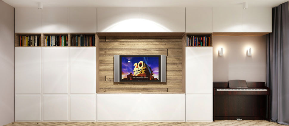Дизайн-проект гостиной в теплых тонах 20 кв.м, тумба под ТВ, телевизор, белый шкаф, пианино, серые шторы