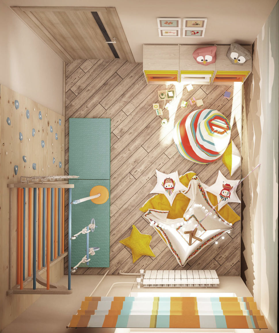 Дизайн интерьера детской игровой комнаты 9 кв.м с кофейными и бирюзовыми оттенками, шведская стенка, контейнеры для хранения, кресло мешок