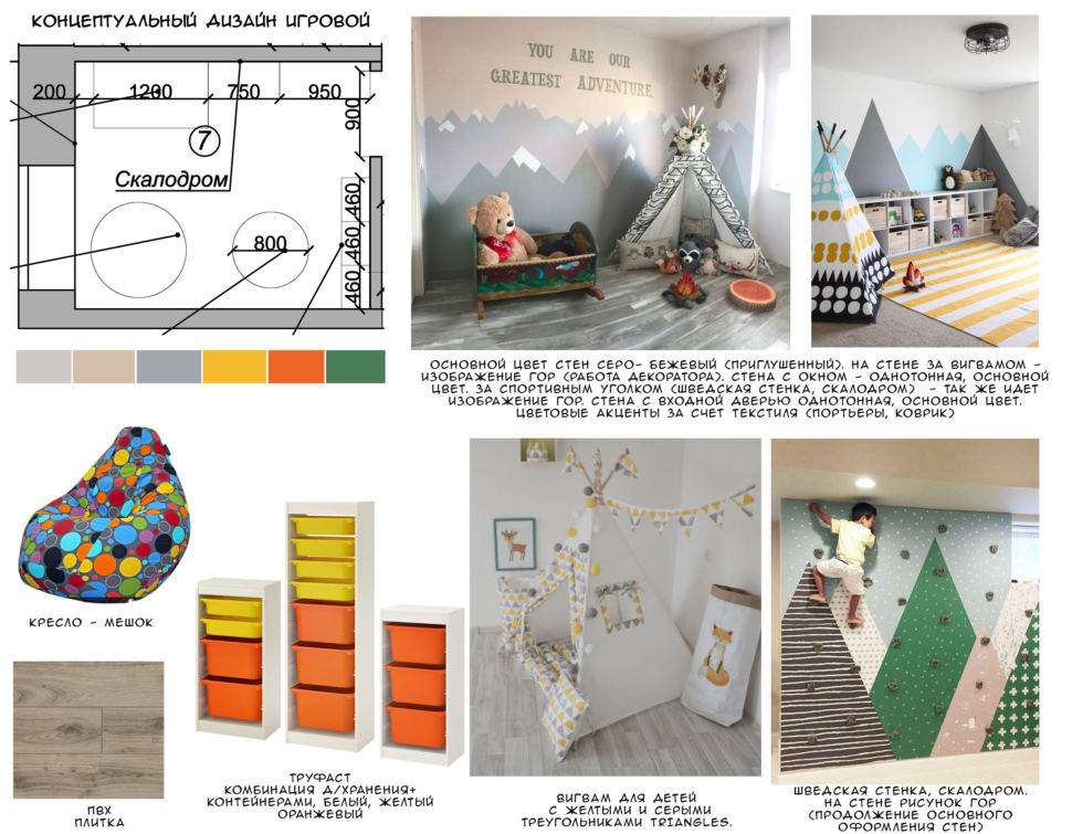 Концептуальный дизайн детской игровой комнаты 9 кв.м с кофейными и оранжевыми оттенками, комбинация контейнеров для хранения