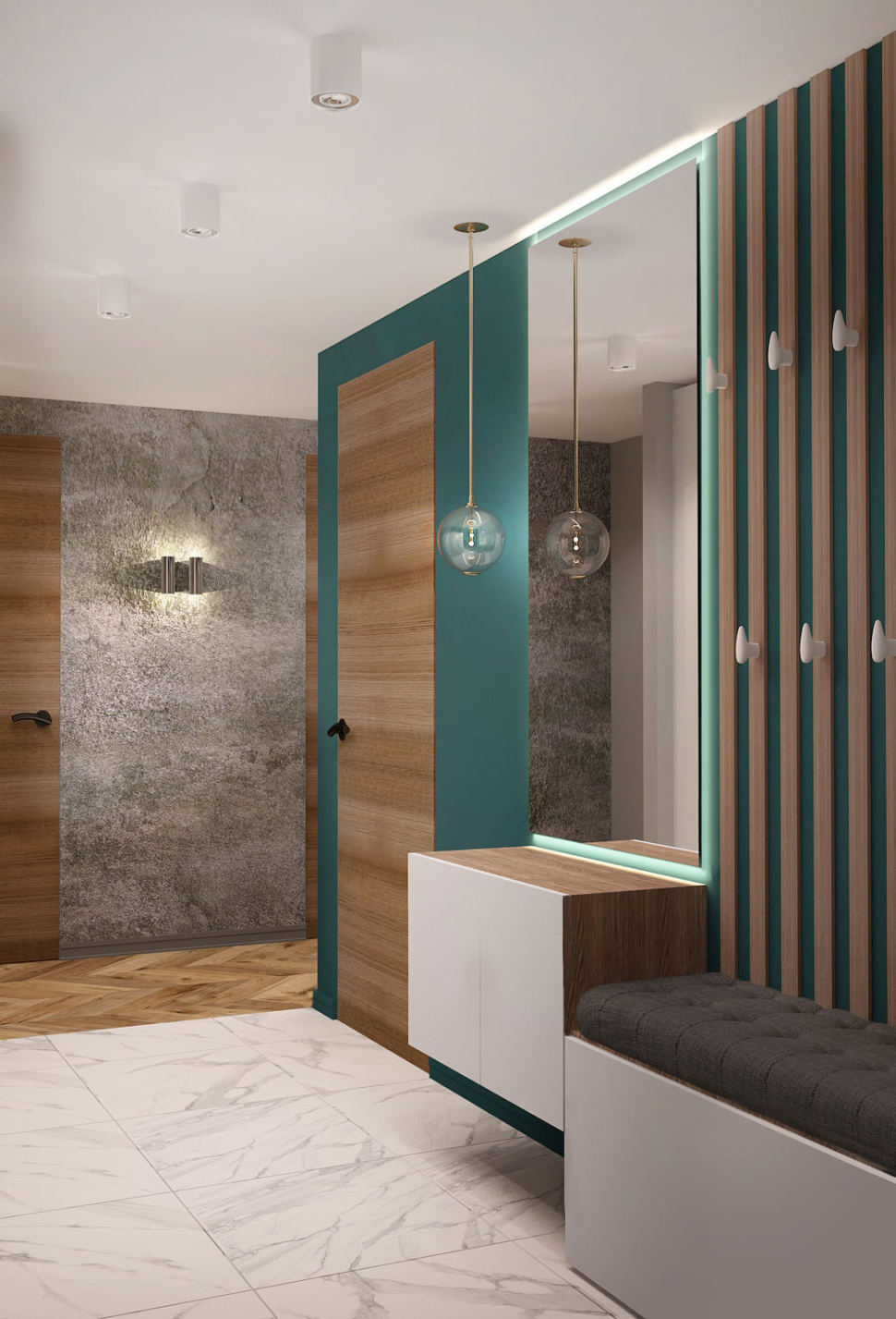 Дизайн-проект прихожей 7 кв.м и коридора 6 кв.м в современном лофте с белыми оттенками, зеркало, подвесной светильник, белая скамья