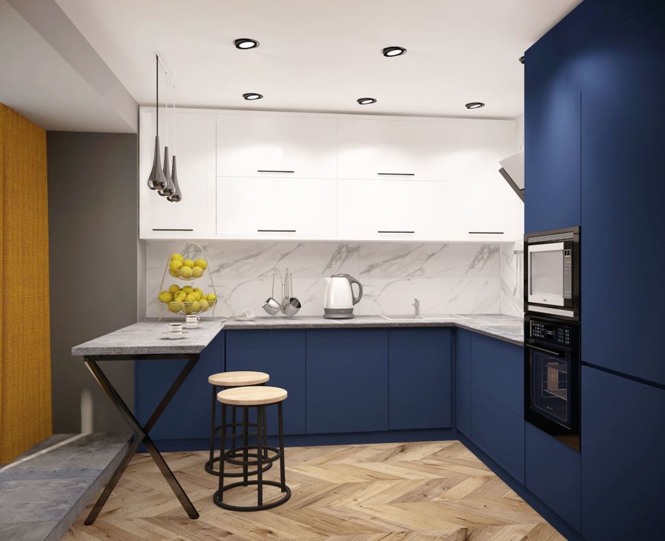 Проект кухни в синих тонах 15 кв.м, барная стойка, серая столешница, синий кухонный гарнитур, белые полки