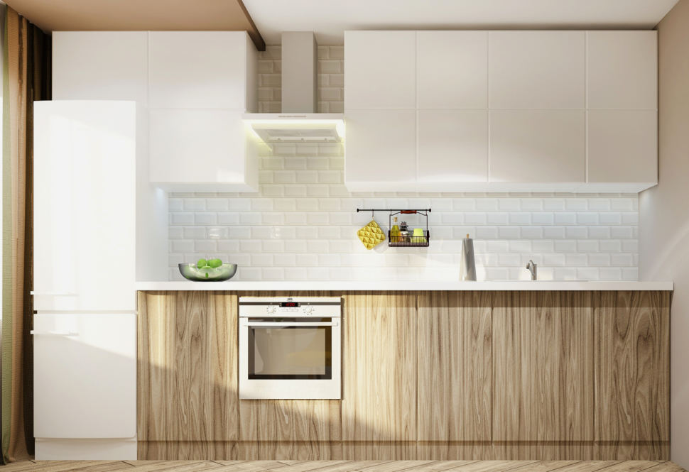 Дизайн-проект кухни в белых тонах 11 кв.м, холодильник, вытяжка, кухонный гарнитур под дерево, белые подвесные полки, духовой шкаф