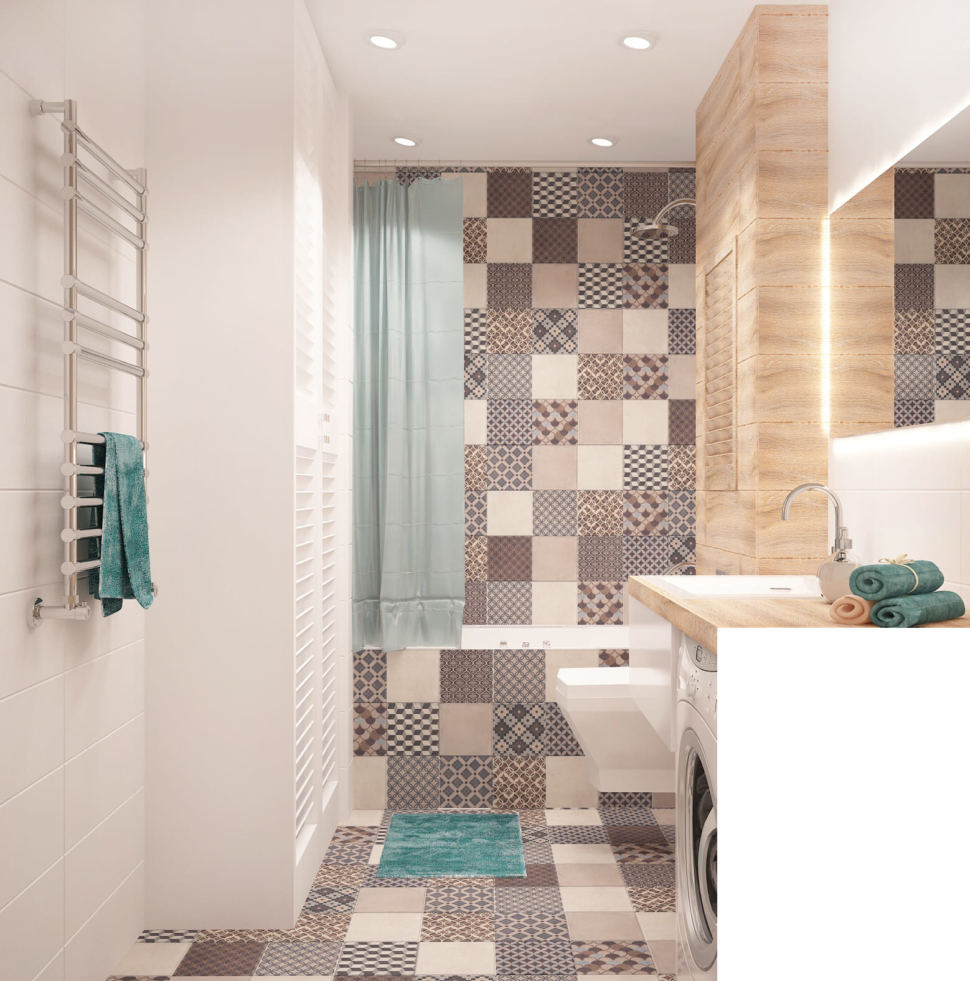 Дизайн интерьера ванной 6 кв.м в 2-х комнатной квартире с бежевыми оттенками, белая ванная, унитаз, геометрическая плитка, раковина, шкаф
