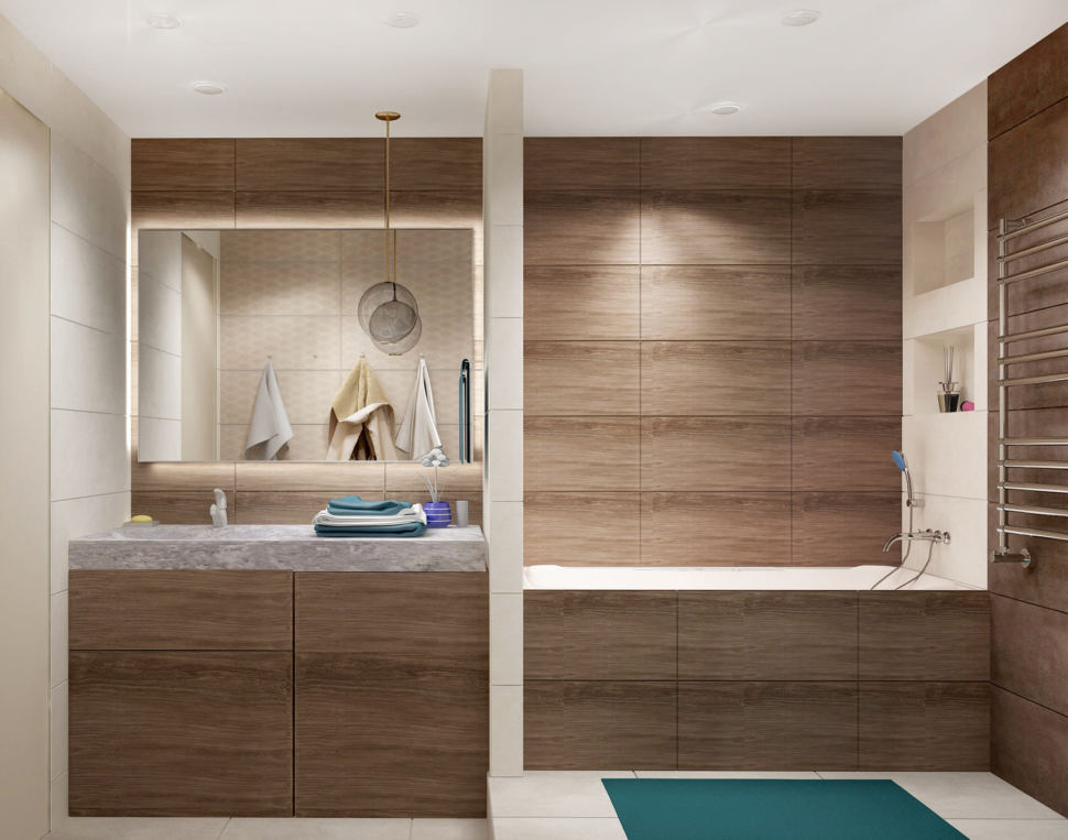 Визуализация ванной 7 кв.м в древесных тонах с бирюзовыми оттенками, зеркало, бежевая тумба, сушилка, раковина, ванная, душевая кабина