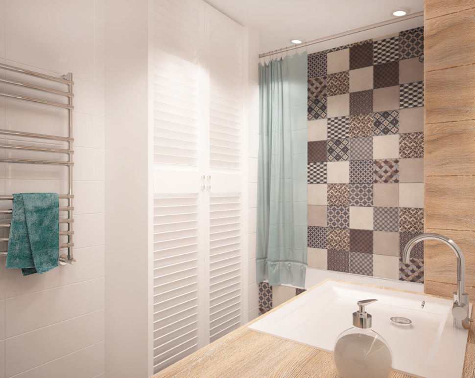 Визуализация ванной 6 кв.м в 2-х комнатной квартире с белыми оттенками, белая ванная, унитаз, геометрическая плитка, раковина, стиральная машинка
