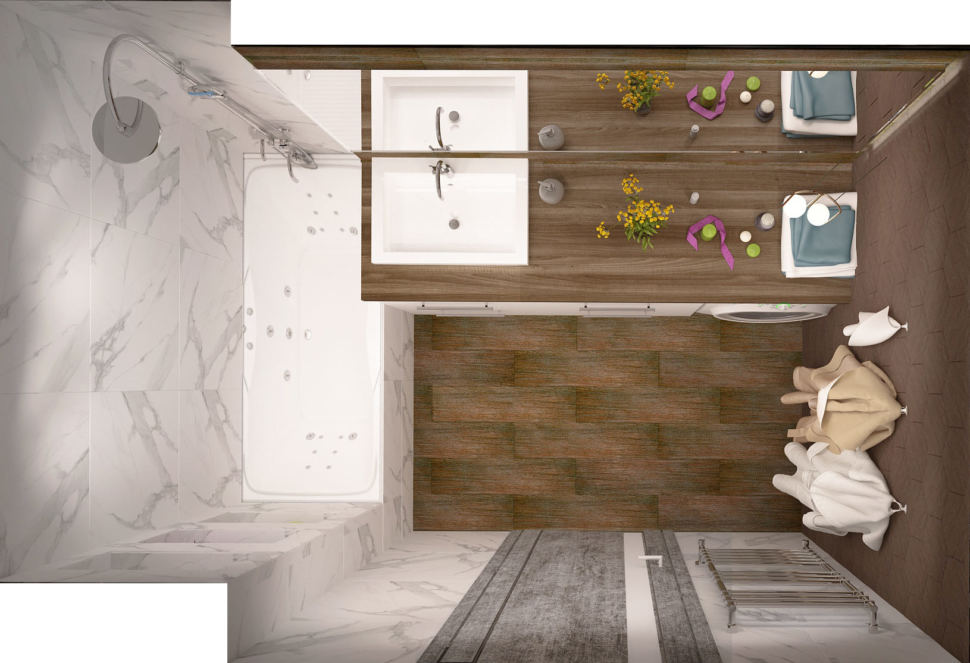 Дизайн-проект ванной 6 кв.м с древесными оттенками, ванная, белая тумба, раковина, зеркало, стиральная машинка, подвесной светильник 
