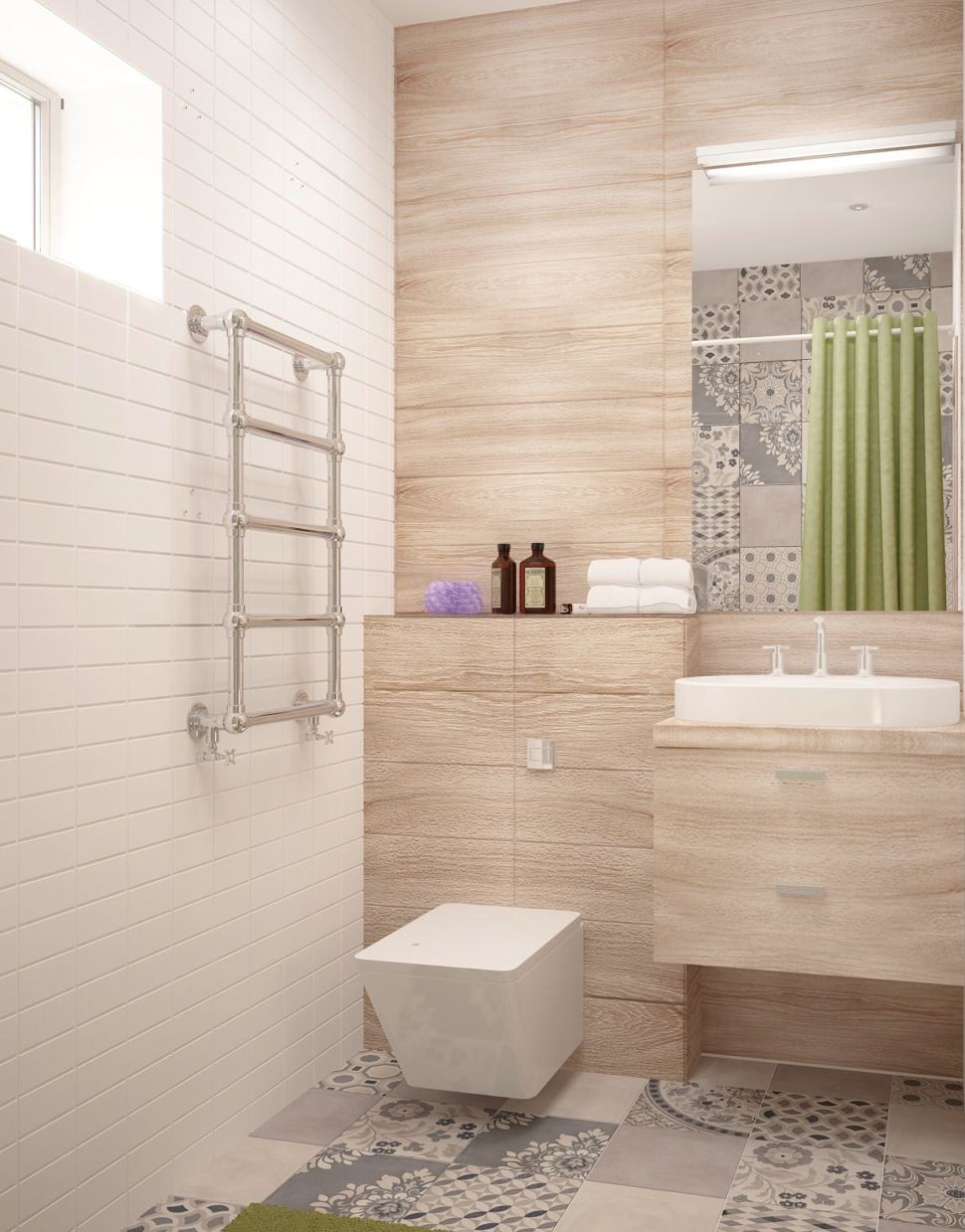 Дизайн интерьера совмещённого санузла с ванной комнатой 5 кв.м с древесными оттенками, бежевая тумба, раковина, ванная, душ