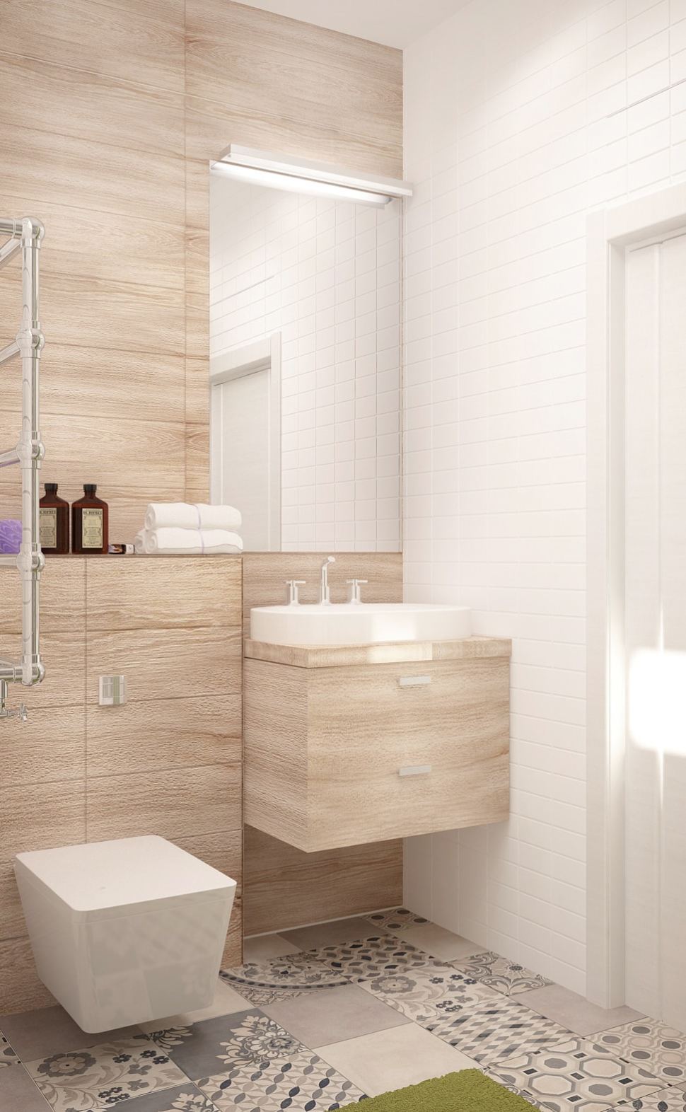 Визуализация совмещённого санузла с ванной комнатой 5 кв.м с бежевыми оттенками, бежевая тумба, раковина, ванная, душ, геометрическая плитка
