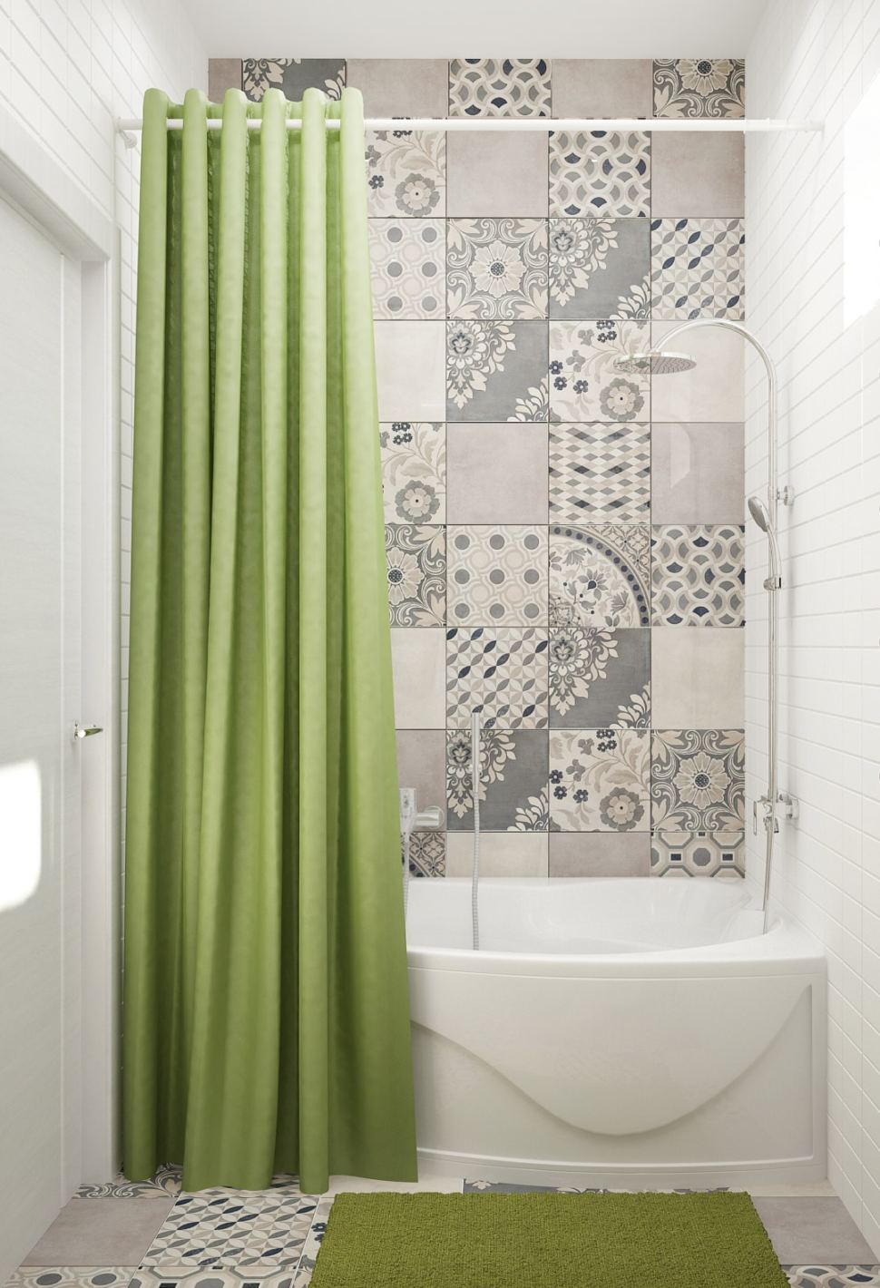 Дизайн-проект совмещённого санузла с ванной комнатой 5 кв.м с белыми оттенками, бежевая тумба, раковина, ванная, душ, унитаз