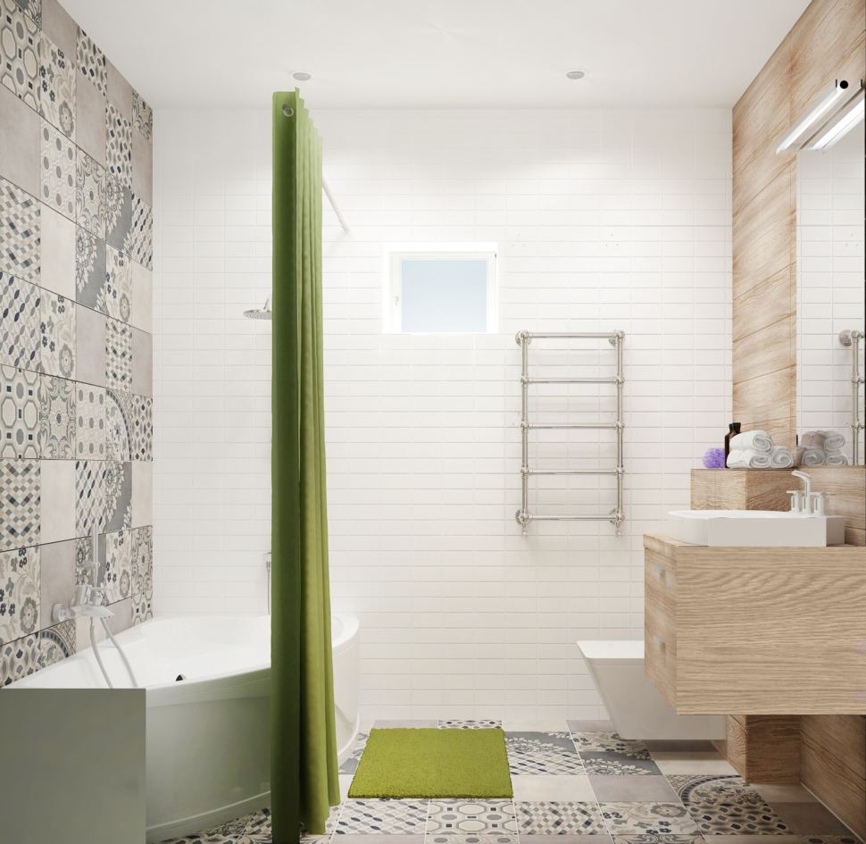 Визуализация совмещённого санузла с ванной комнатой 5 кв.м с древесными оттенками, бежевая тумба, раковина, ванная, душ, геометрическая плитка