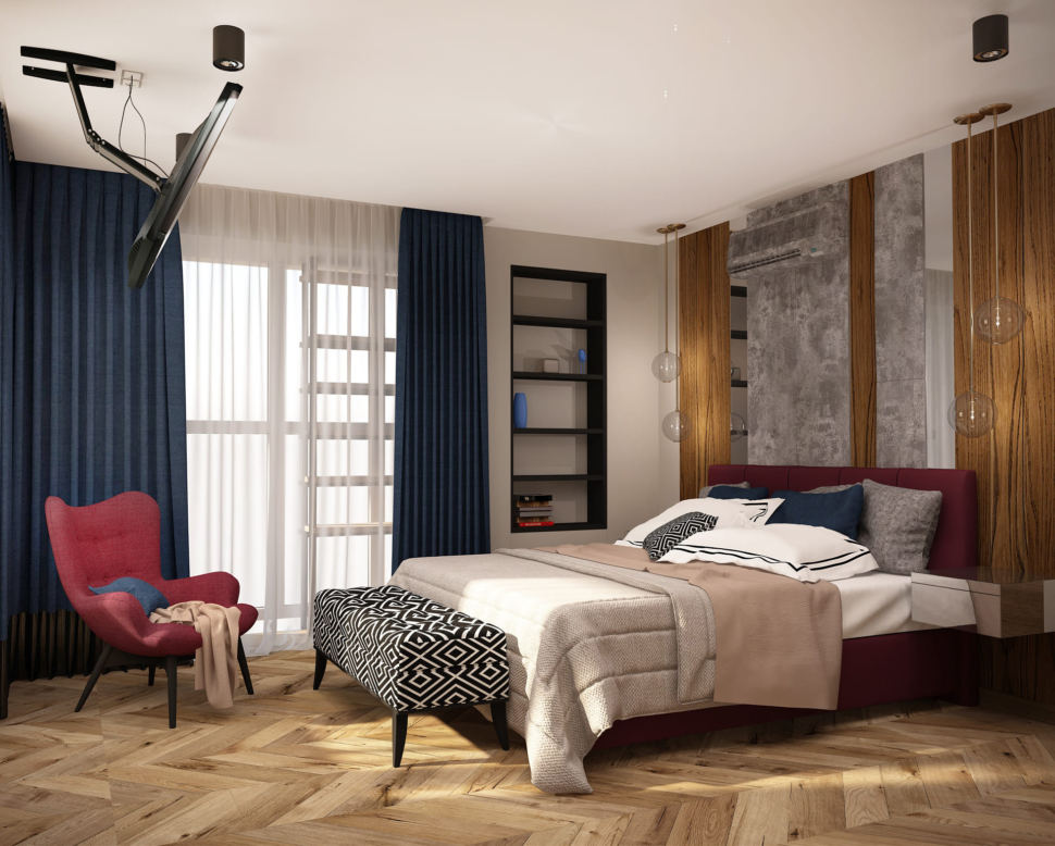 Визуализация спальни 16 кв.м в 4-х комнатной квартире со бордовыми оттенками, банкетка, бордовое кресло, синие портьеры, белый шкаф