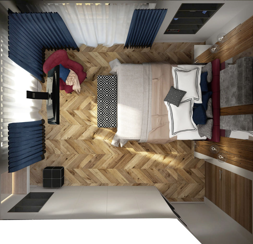 Дизайн интерьера спальни 16 кв.м в 4-х комнатной квартире с древесными оттенками, банкетка, бордовое кресло, синие портьеры, белый шкаф
