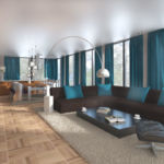 Визуализация гостиной 56 кв.м в бежевых оттенках с бирюзовыми акцентами, диван коричневый, торшер, ламинат, ковер, журнальный столик