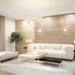 Визуализация гостиной в зоне дивана, белый диван, ламинат на стене банкетка, журнальный столик, лампа, белые бра