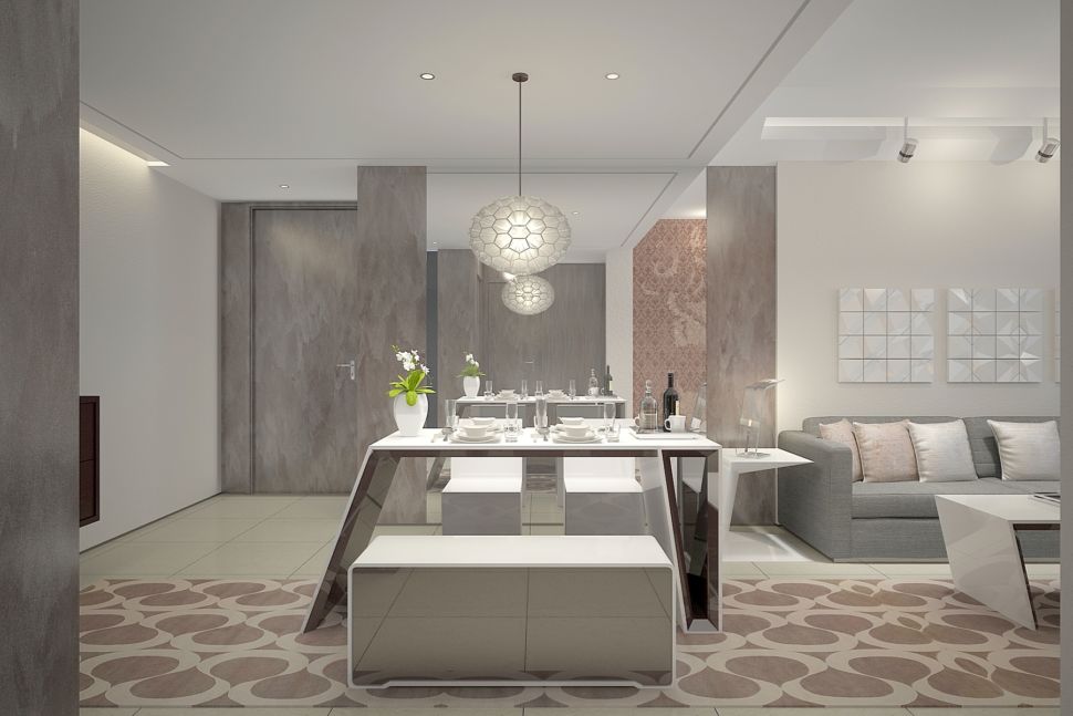 Дизайн гостиной 37 кв.м в современном стиле, декоративная штукатурка, обеденный стол, декор, ваза для цветов, подвесная люстра, белая скамья, серый диван