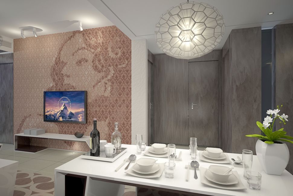 Дизайн гостиной в современном стиле, декоративная штукатурка, обеденный стол, декор, ваза для цветов, подвесная люстра, стена за телевизором