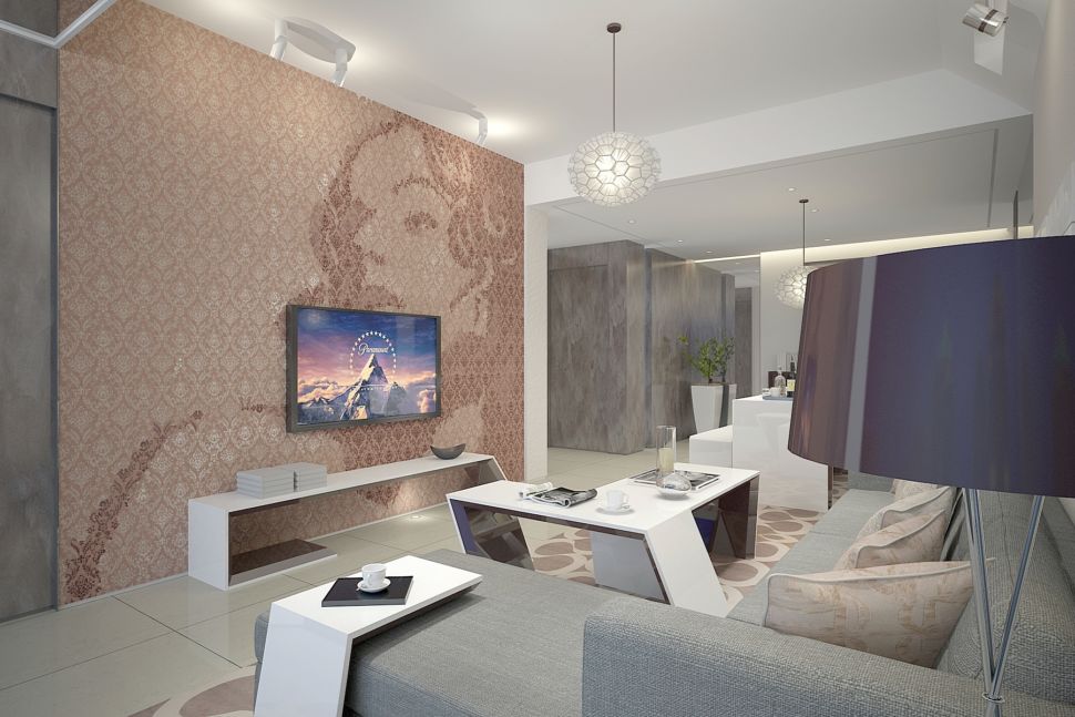Дизайн гостиной 37 кв.м в современном стиле, фотообои, белый журнальный столик, белый приставной столик, тумба под ТВ, телевизор