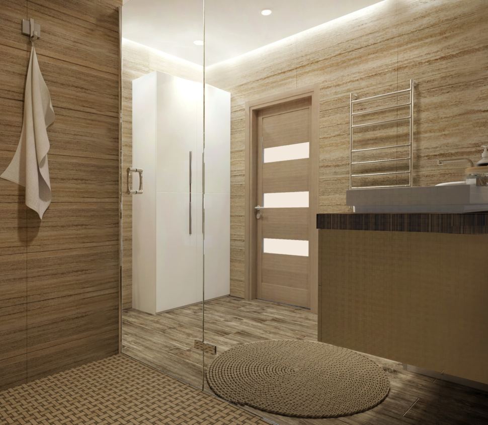 Визуализация ванной комнаты 9 кв. м. в бежевых оттенках, тумба под раковину, душевая, шкаф белый, полотенцесушитель