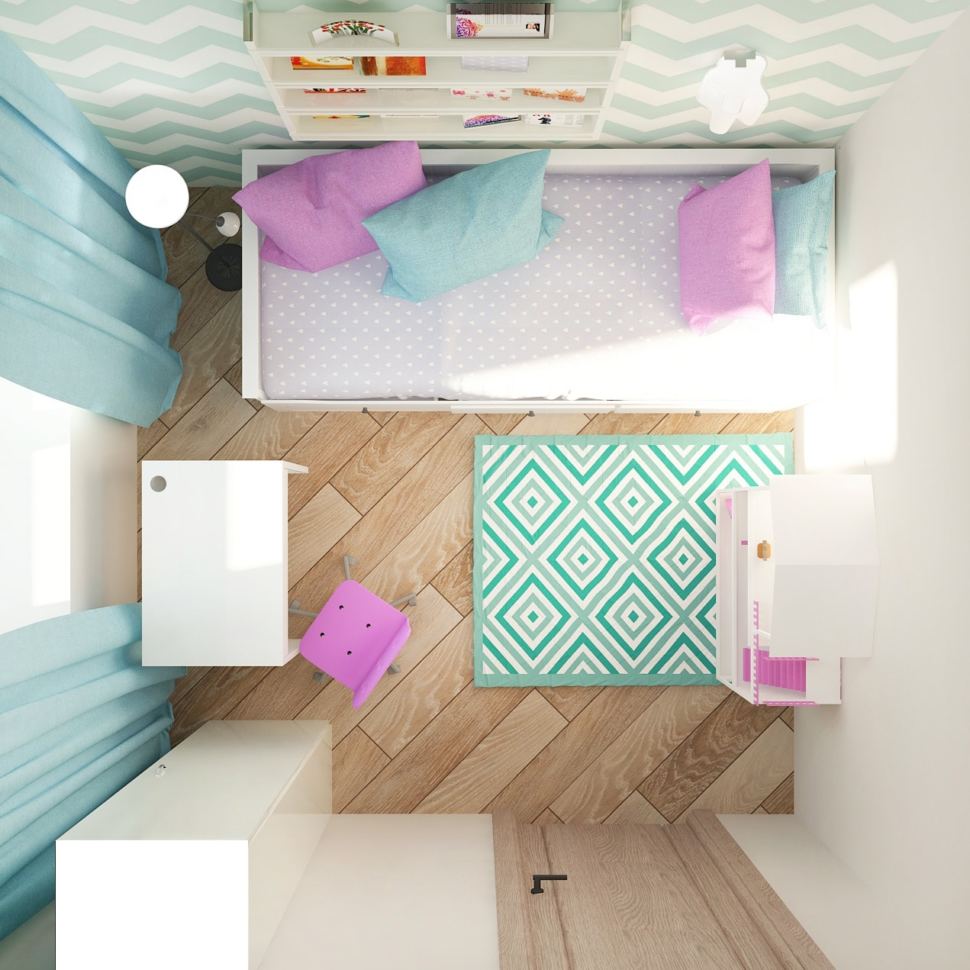 Проект спальни девочки 7 кв.м в нежных оттенках, пвх плитка, обои, розовые акценты, текстиль, портьеры голубого цвета