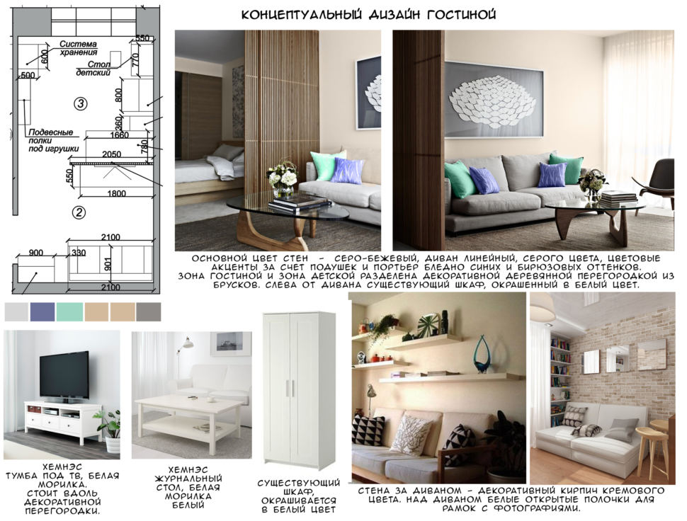 концептуальный дизайн гостиной, диван, перегородка, тумба род тв, кирпич, акценты, полки