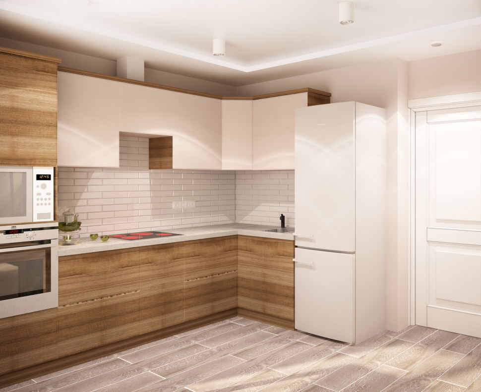 Дизайн-проект кухни 9 кв.м в теплых тонах, белый кухонный гарнитур, холодильник, накладные светильники, духовой шкаф
