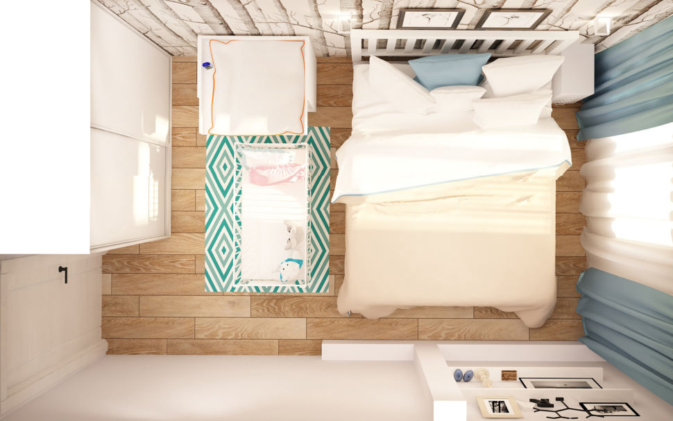 Дизайн-проект спальни 13 кв.м в светлых тонах с бирюзовыми акцентами, кровать, обои, колыбель, пеленальный столик, коврик