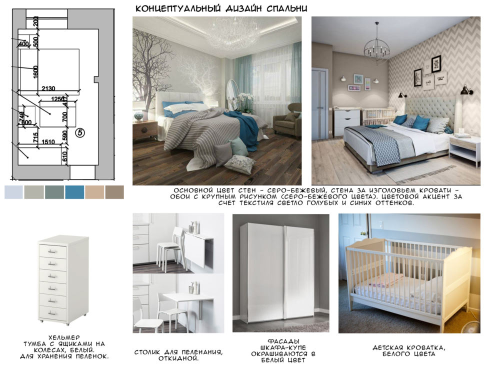 Концептуальный дизайн спальни 13 кв.м в голубых и древесных тонах, комод, белый шкаф, кровать, колыбель