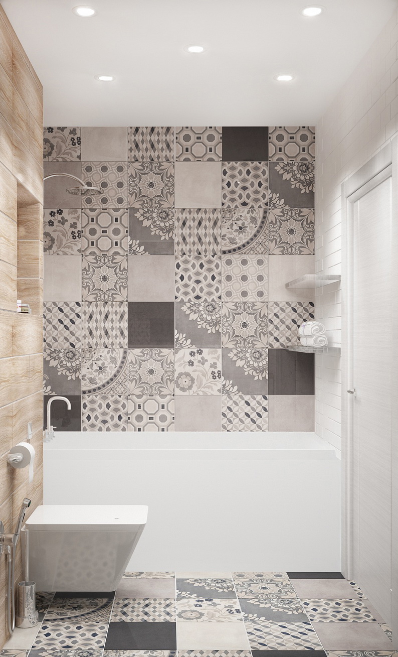 Дизайн ванной комнаты 4 кв.м в теплых оттенках, белый унитаз, подвесные полки, ванна, светильник, керамическая плитка под дерево